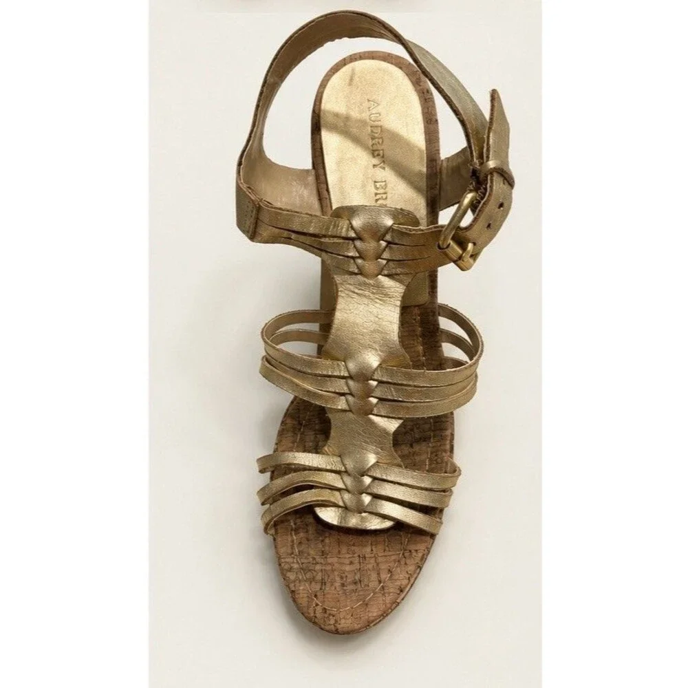 Audrey Brooke Carina Gold Leather Cork Wedge Sandals Women 9M Strappy 4” Heel